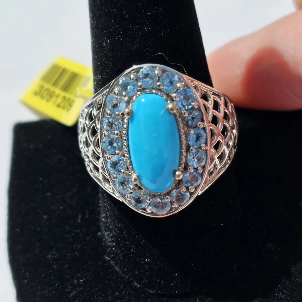 Sleeping Beauty Turquoise & Electric Blue Topaz  Ring Platinum over 925 Size 10 - Picture 4 of 11